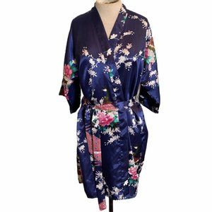 Old Shanghai Mini Peacock Kimono Robe in Navy Blue